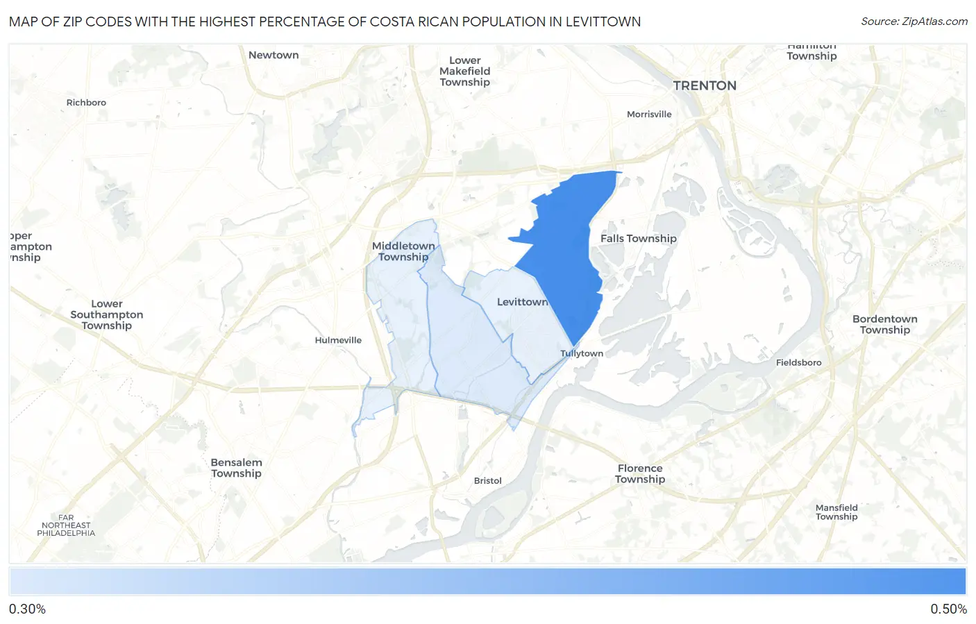 Zip Codes with the Highest Percentage of Costa Rican Population in Levittown Map