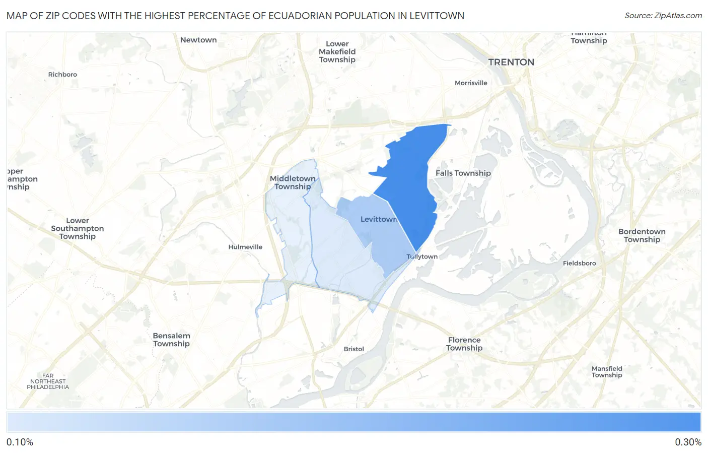 Zip Codes with the Highest Percentage of Ecuadorian Population in Levittown Map
