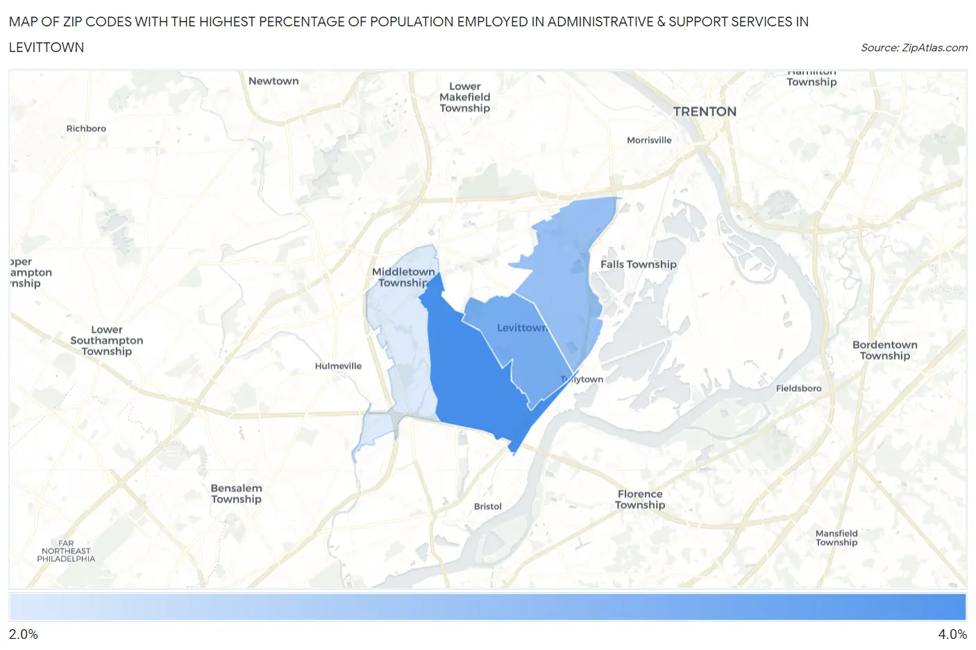 Zip Codes with the Highest Percentage of Population Employed in Administrative & Support Services in Levittown Map