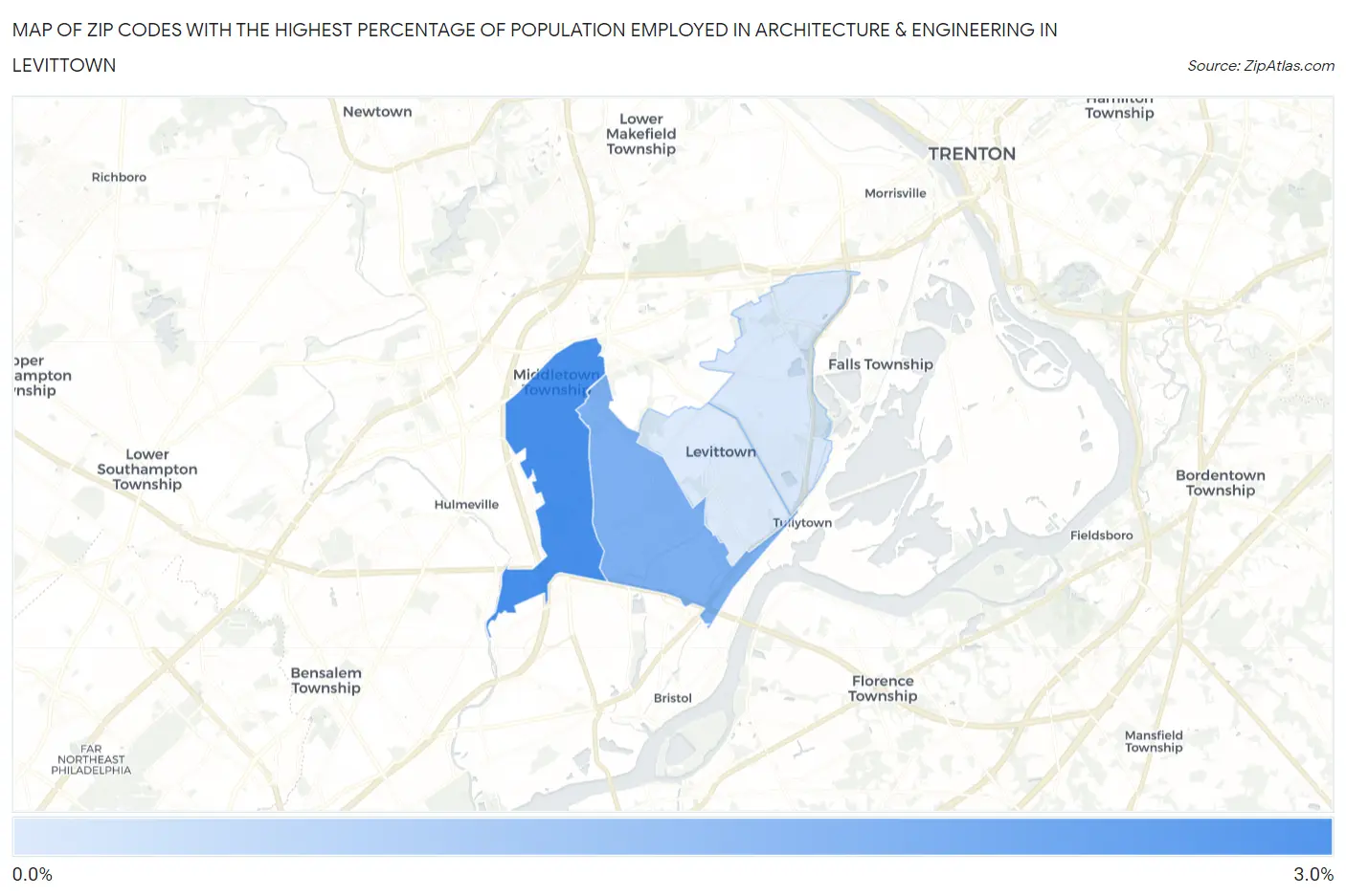 Zip Codes with the Highest Percentage of Population Employed in Architecture & Engineering in Levittown Map