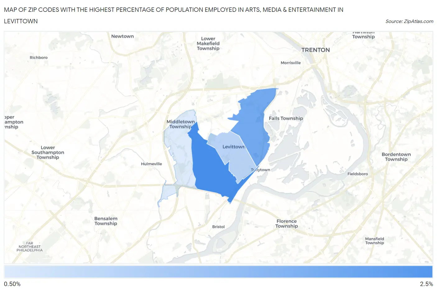 Zip Codes with the Highest Percentage of Population Employed in Arts, Media & Entertainment in Levittown Map