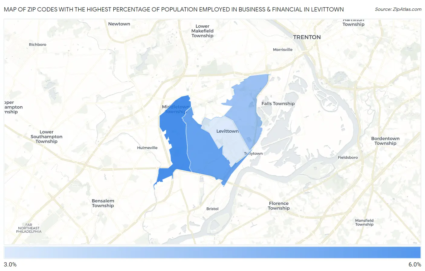 Zip Codes with the Highest Percentage of Population Employed in Business & Financial in Levittown Map