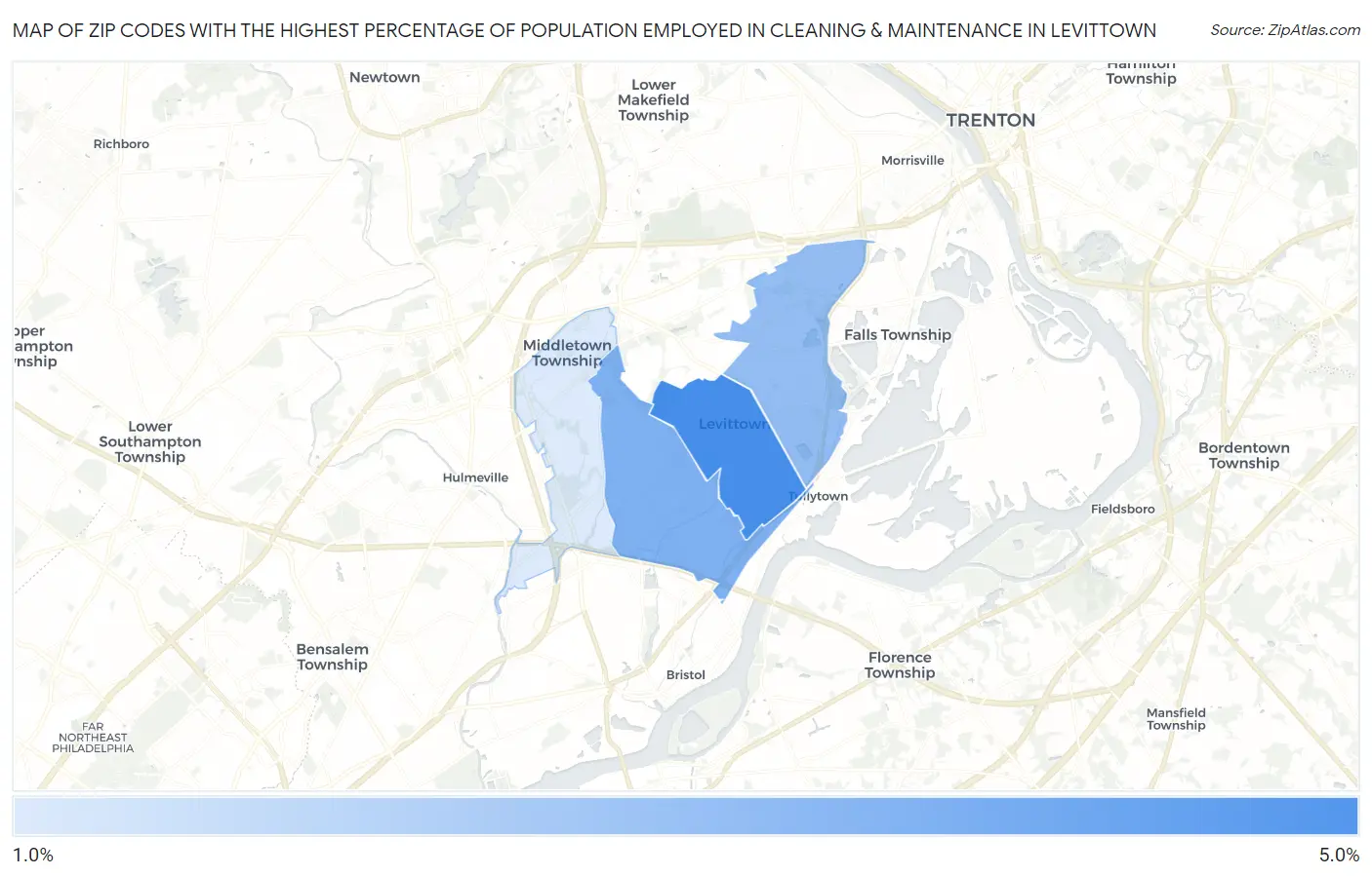 Zip Codes with the Highest Percentage of Population Employed in Cleaning & Maintenance in Levittown Map