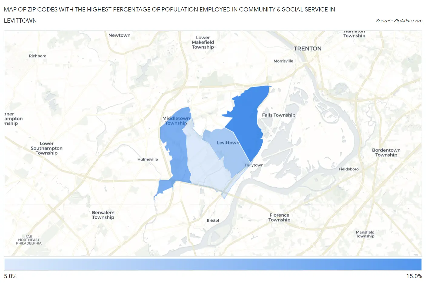 Zip Codes with the Highest Percentage of Population Employed in Community & Social Service  in Levittown Map