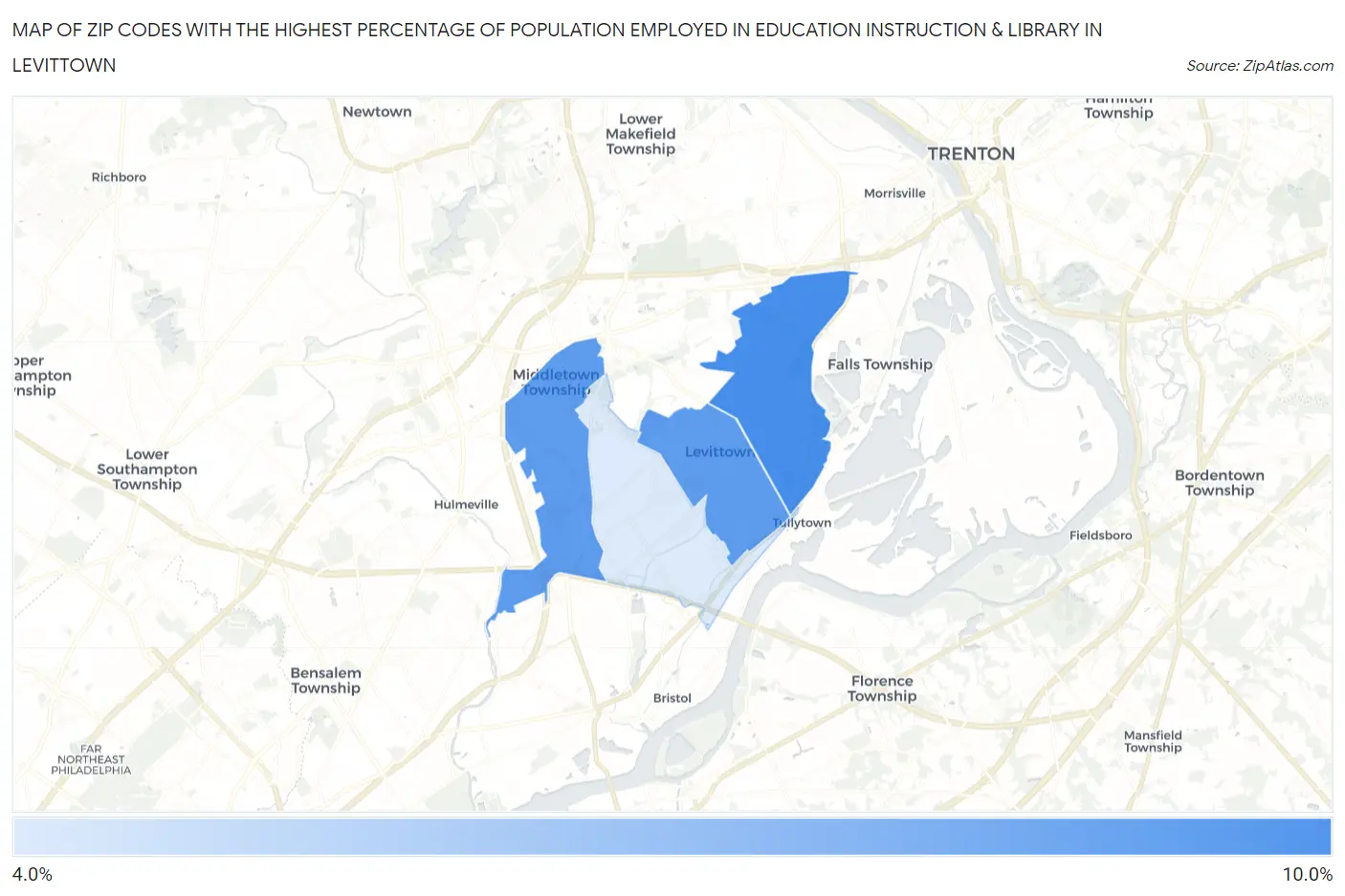 Zip Codes with the Highest Percentage of Population Employed in Education Instruction & Library in Levittown Map