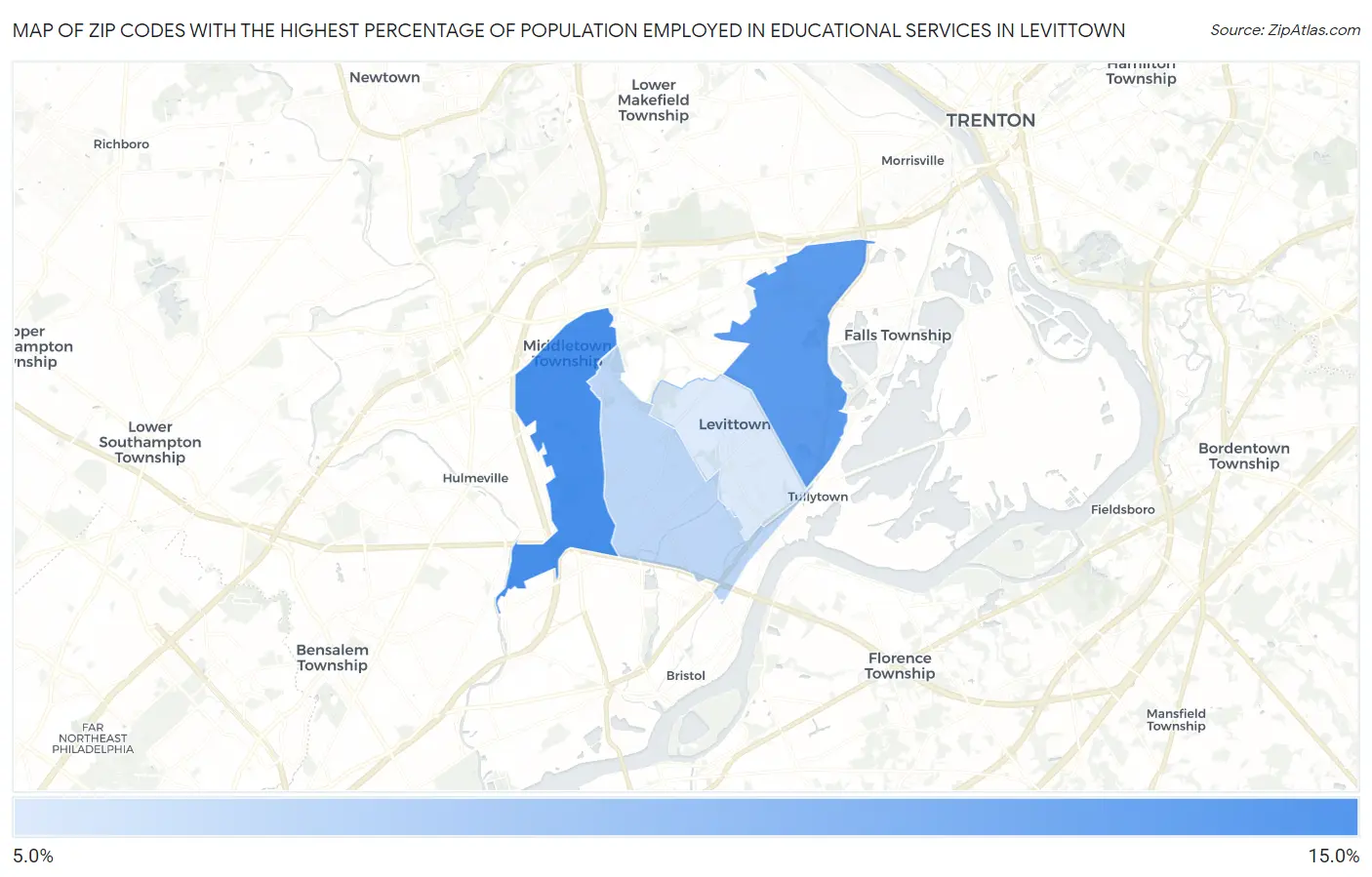 Zip Codes with the Highest Percentage of Population Employed in Educational Services in Levittown Map