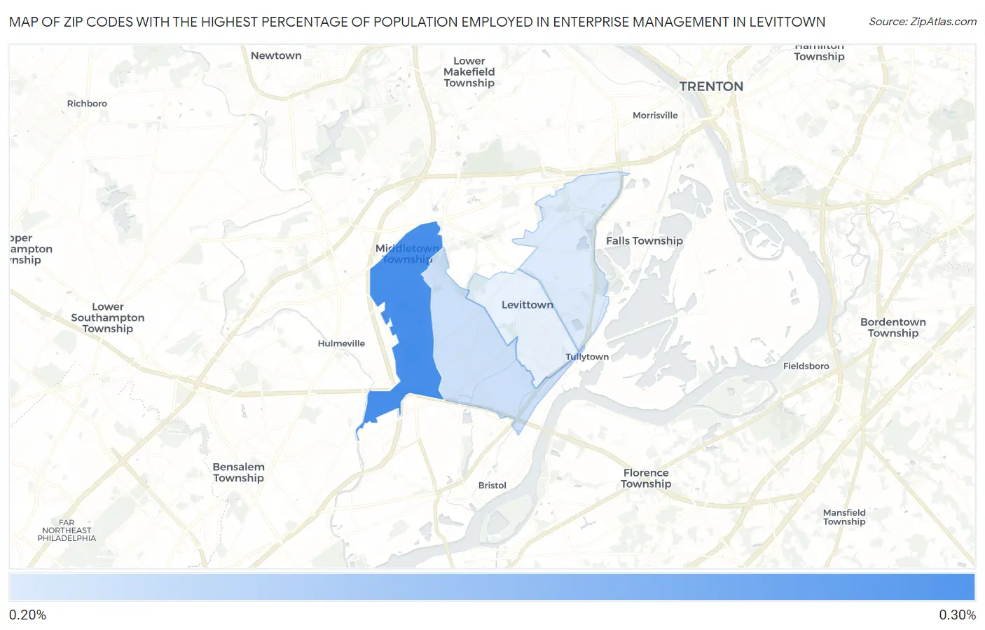 Zip Codes with the Highest Percentage of Population Employed in Enterprise Management in Levittown Map