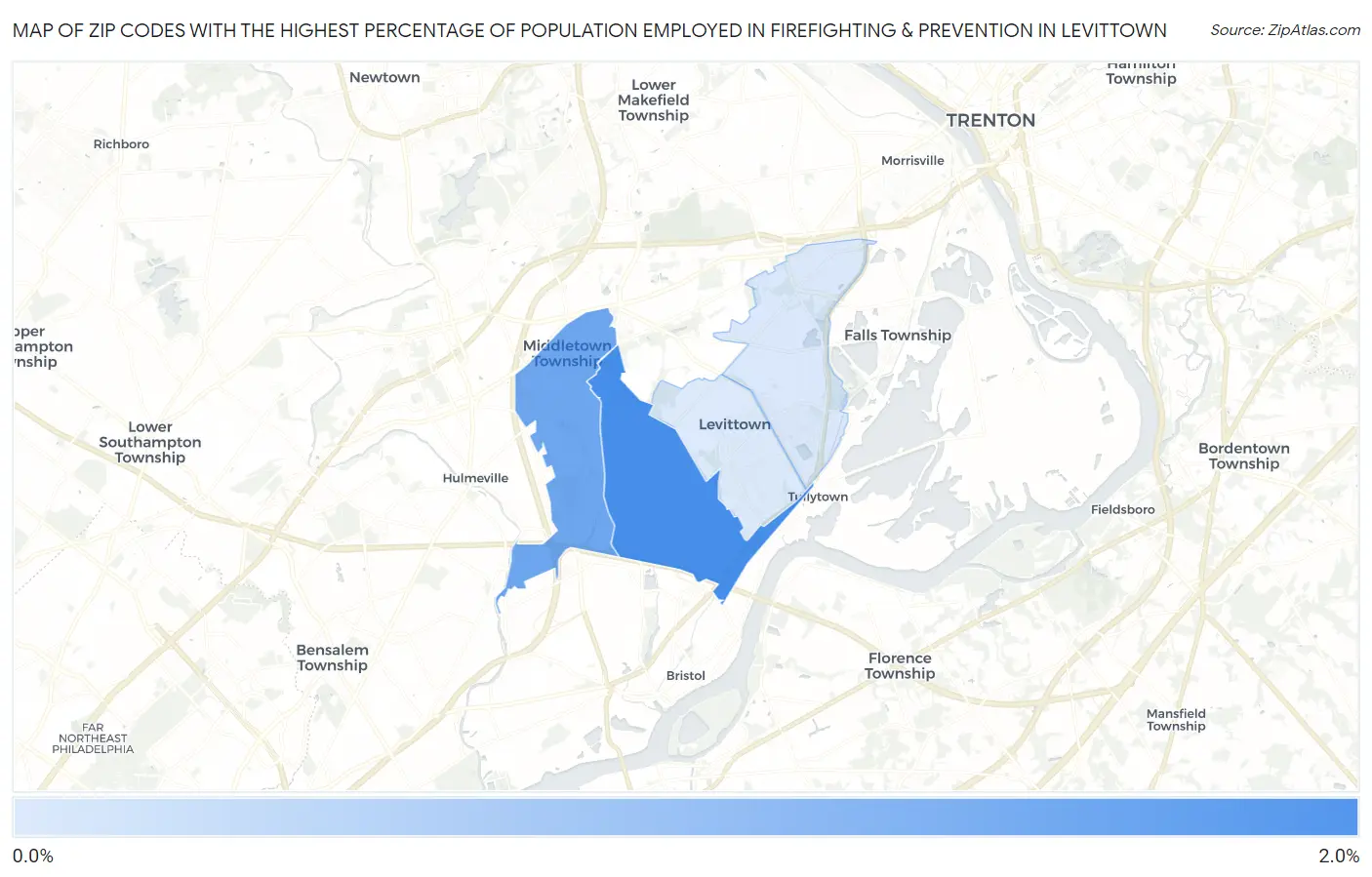 Zip Codes with the Highest Percentage of Population Employed in Firefighting & Prevention in Levittown Map