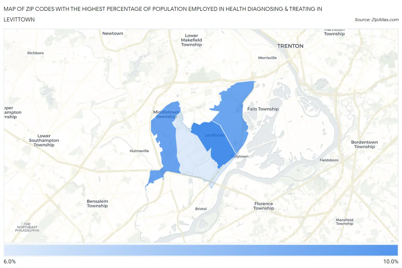 Zip Codes with the Highest Percentage of Population Employed in Health Diagnosing & Treating in Levittown Map