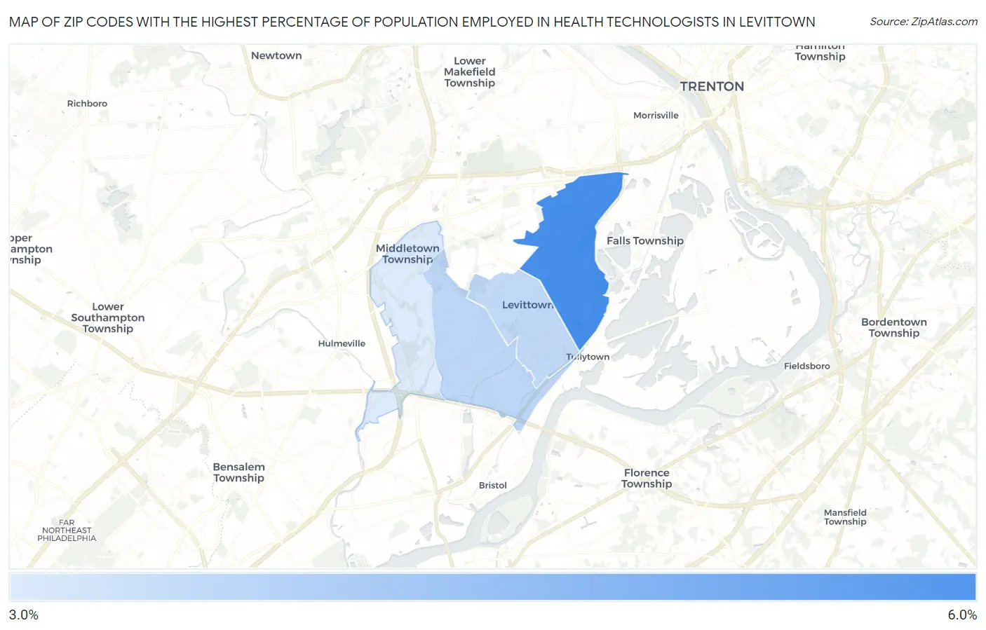 Zip Codes with the Highest Percentage of Population Employed in Health Technologists in Levittown Map