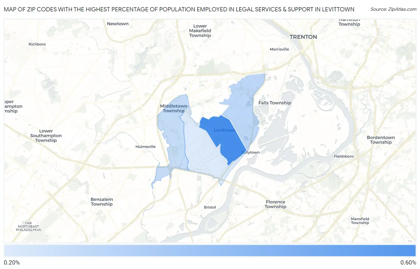 Zip Codes with the Highest Percentage of Population Employed in Legal Services & Support in Levittown Map