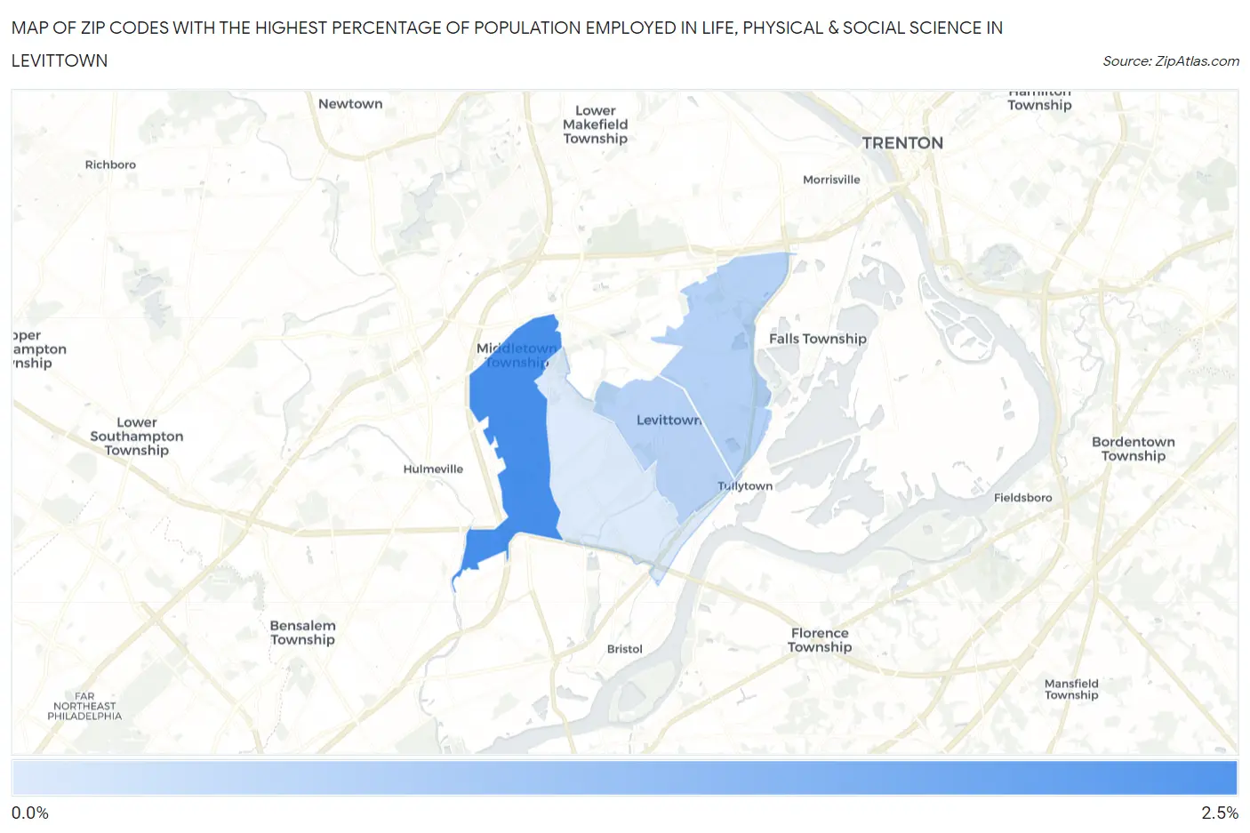 Zip Codes with the Highest Percentage of Population Employed in Life, Physical & Social Science in Levittown Map