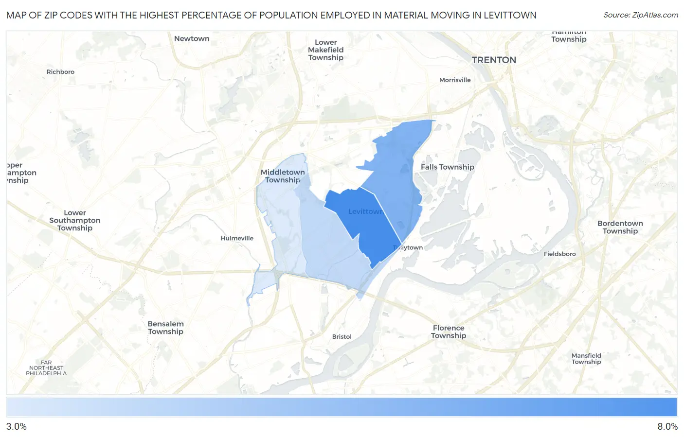 Zip Codes with the Highest Percentage of Population Employed in Material Moving in Levittown Map