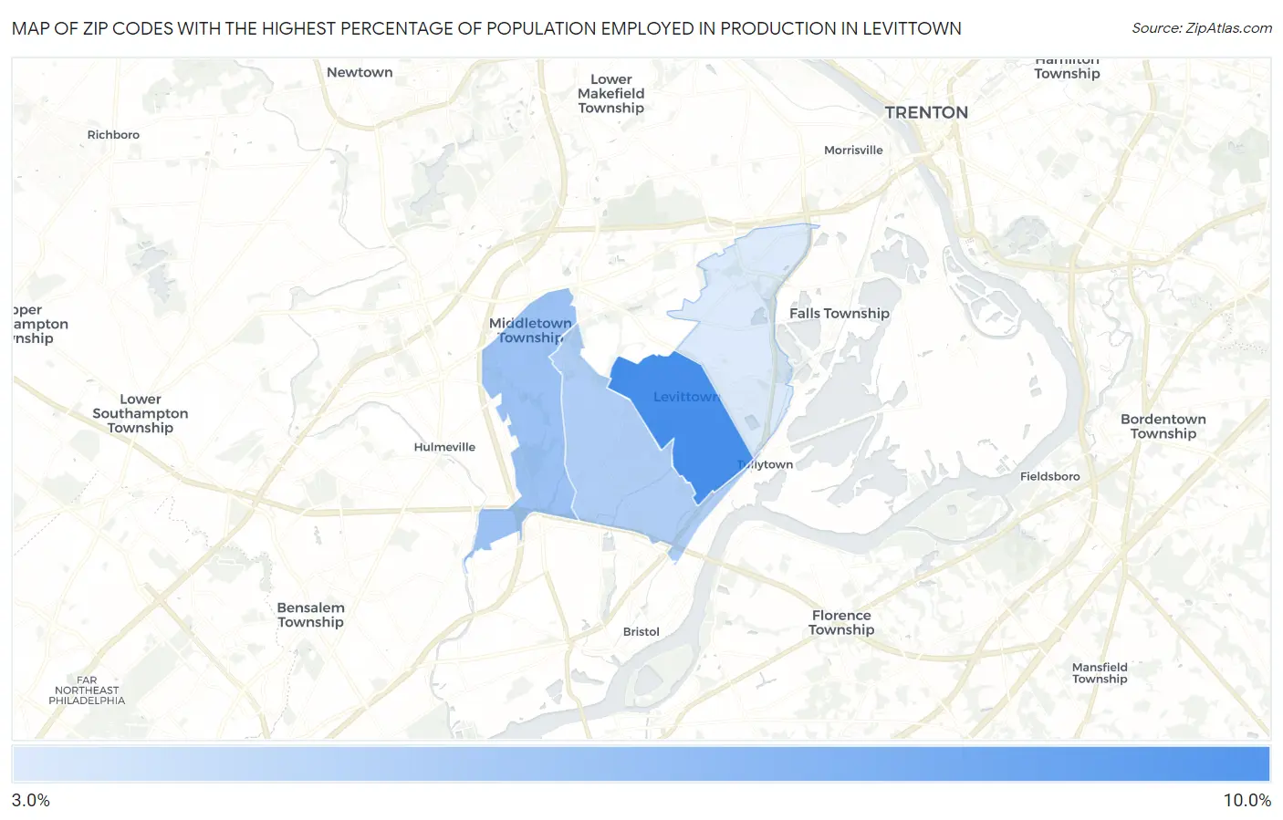 Zip Codes with the Highest Percentage of Population Employed in Production in Levittown Map