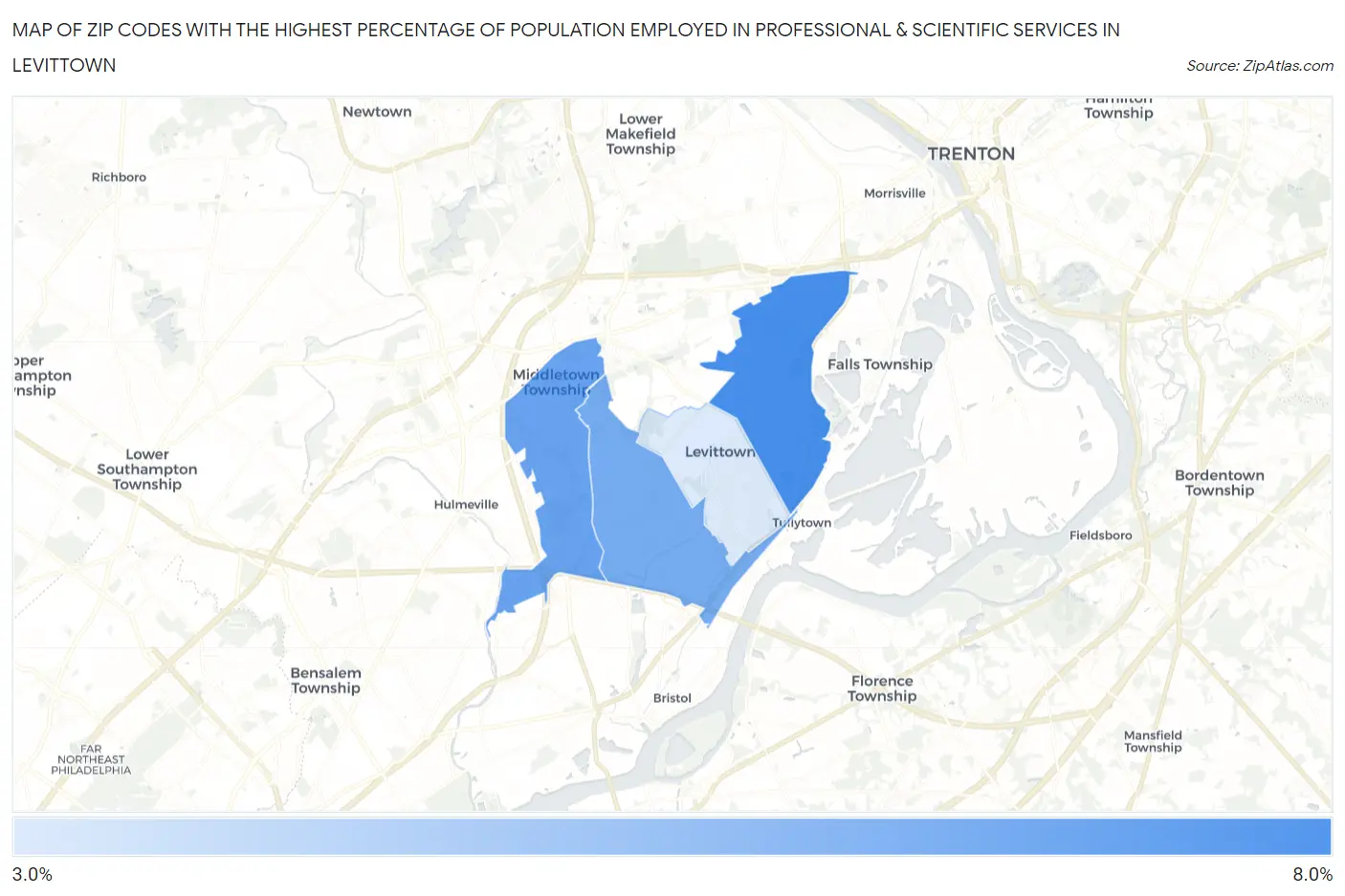 Zip Codes with the Highest Percentage of Population Employed in Professional & Scientific Services in Levittown Map