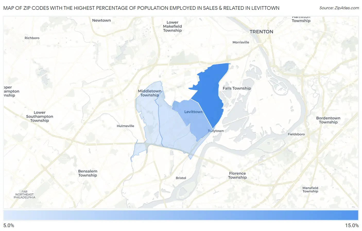 Zip Codes with the Highest Percentage of Population Employed in Sales & Related in Levittown Map
