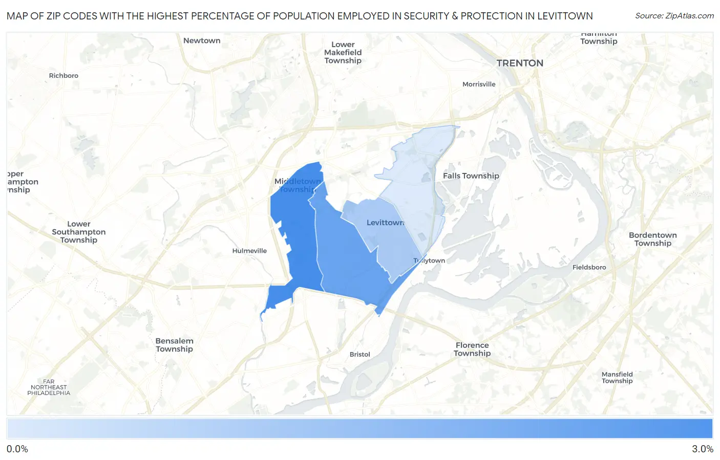 Zip Codes with the Highest Percentage of Population Employed in Security & Protection in Levittown Map