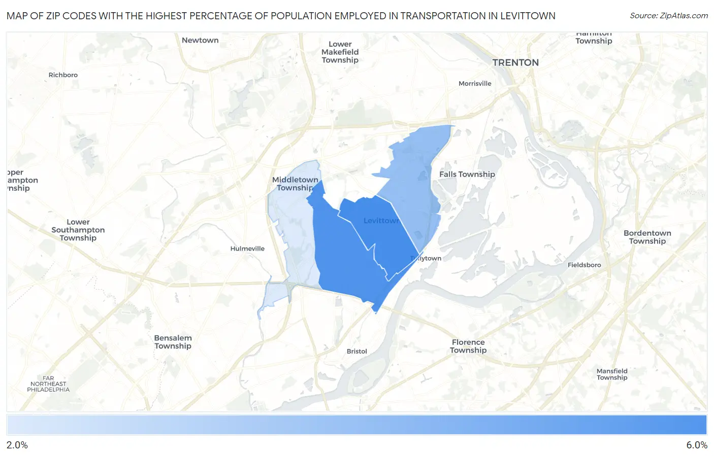 Zip Codes with the Highest Percentage of Population Employed in Transportation in Levittown Map