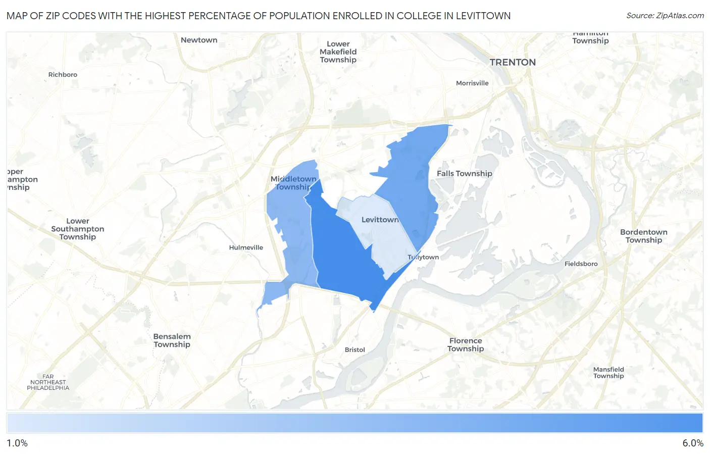 Zip Codes with the Highest Percentage of Population Enrolled in College in Levittown Map