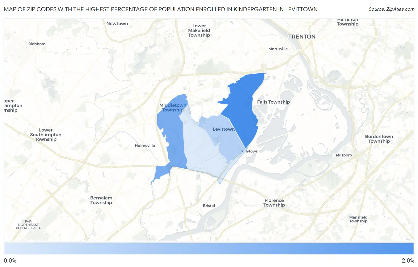 Zip Codes with the Highest Percentage of Population Enrolled in Kindergarten in Levittown Map