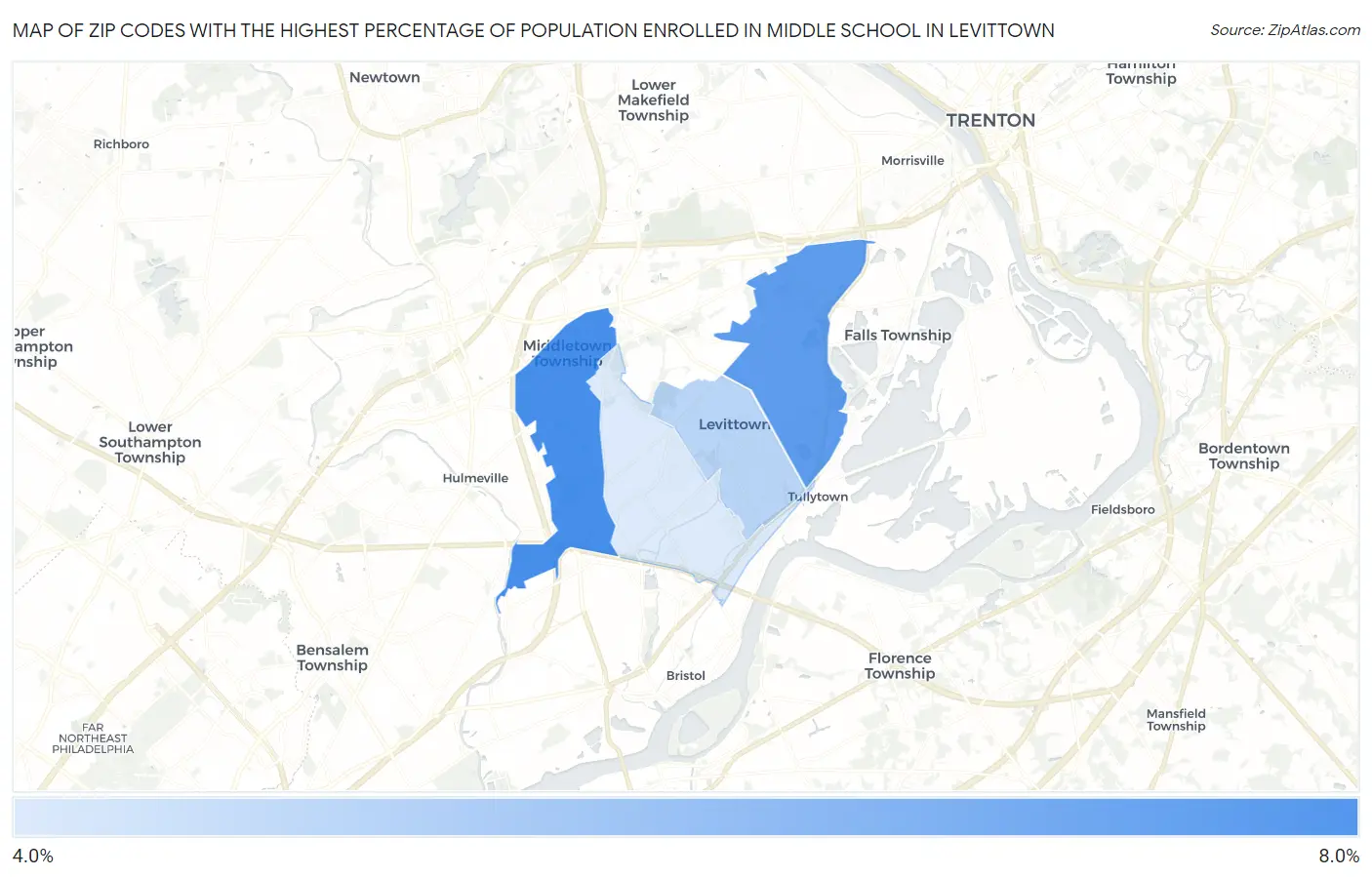 Zip Codes with the Highest Percentage of Population Enrolled in Middle School in Levittown Map