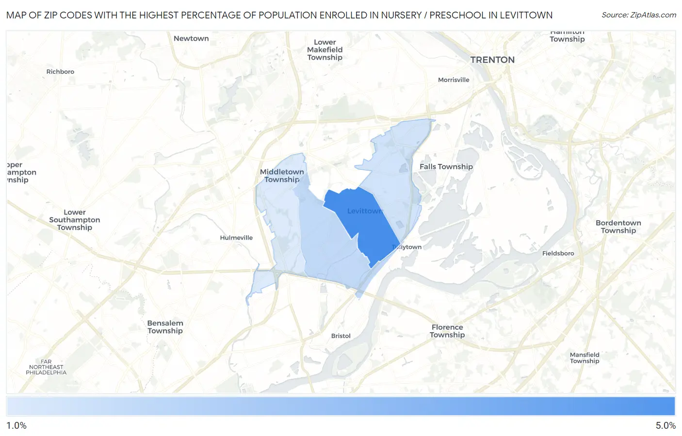 Zip Codes with the Highest Percentage of Population Enrolled in Nursery / Preschool in Levittown Map