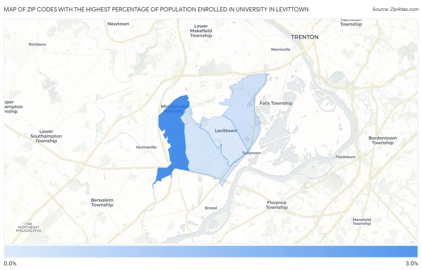 Zip Codes with the Highest Percentage of Population Enrolled in University in Levittown Map