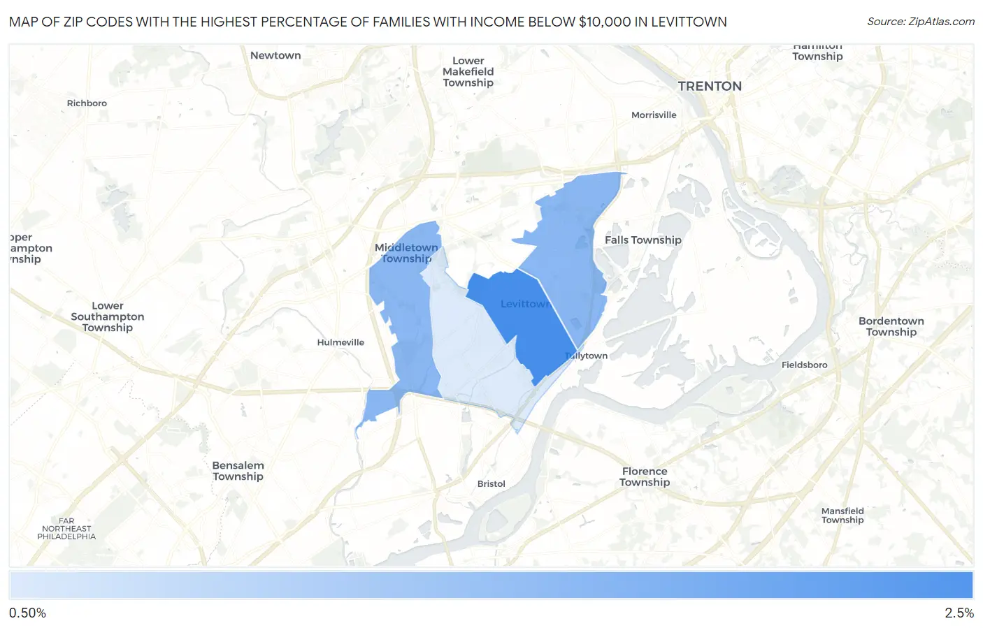 Zip Codes with the Highest Percentage of Families with Income Below $10,000 in Levittown Map