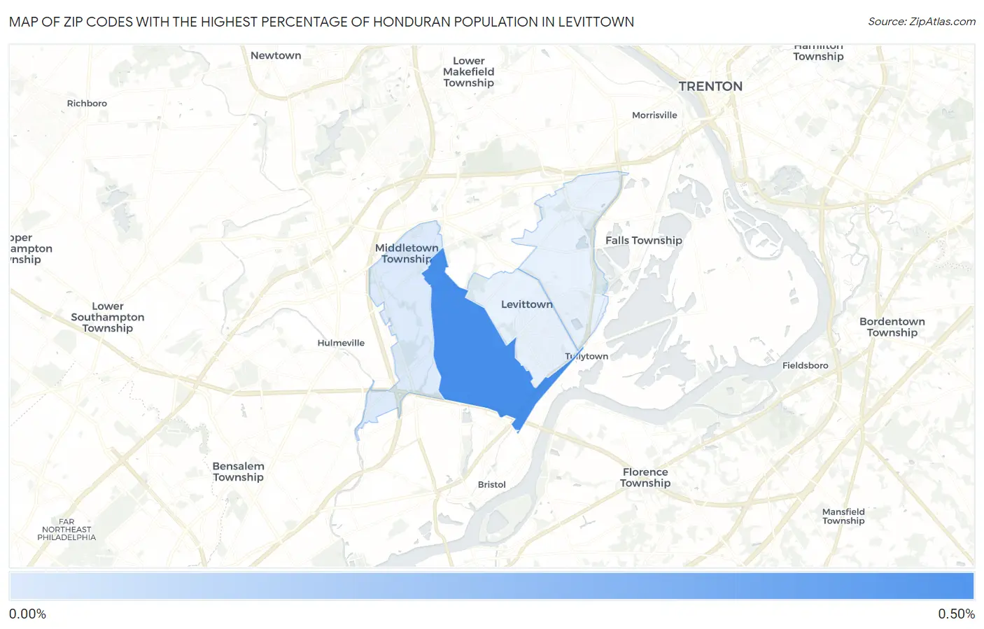 Zip Codes with the Highest Percentage of Honduran Population in Levittown Map