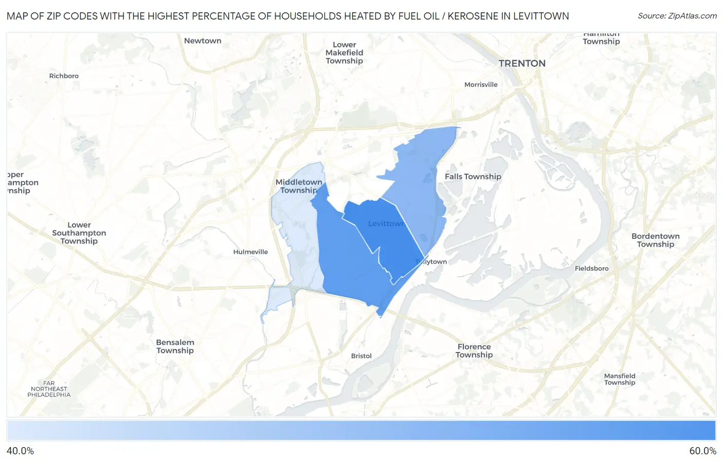 Zip Codes with the Highest Percentage of Households Heated by Fuel Oil / Kerosene in Levittown Map