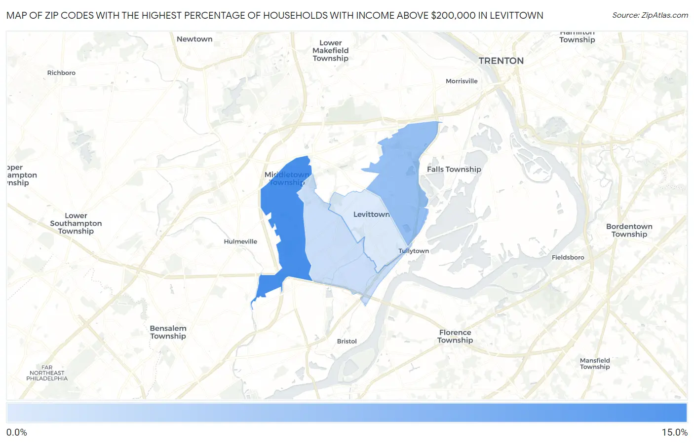 Zip Codes with the Highest Percentage of Households with Income Above $200,000 in Levittown Map