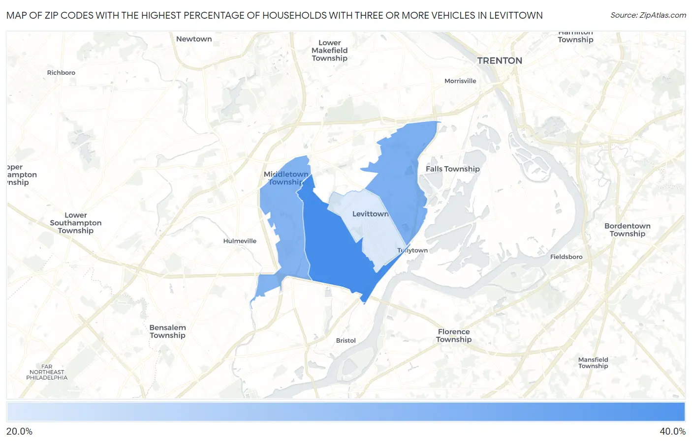 Zip Codes with the Highest Percentage of Households With Three or more Vehicles in Levittown Map