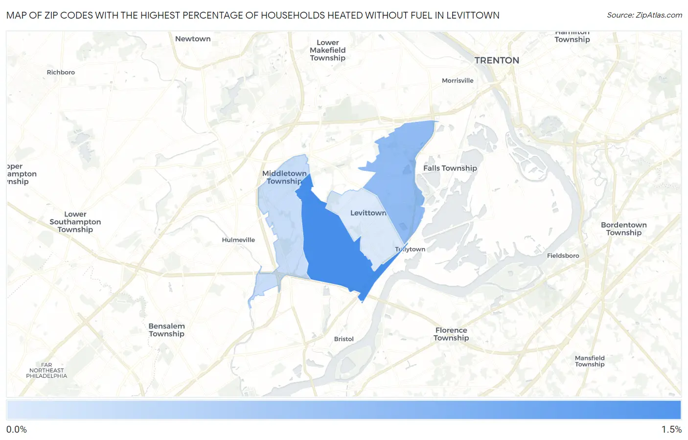 Zip Codes with the Highest Percentage of Households Heated without Fuel in Levittown Map