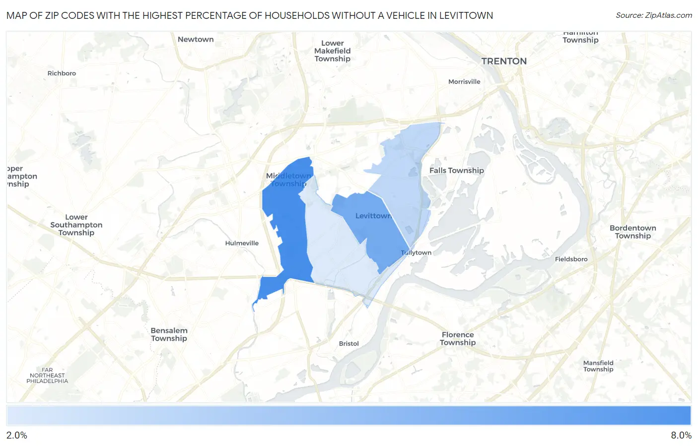 Zip Codes with the Highest Percentage of Households Without a Vehicle in Levittown Map