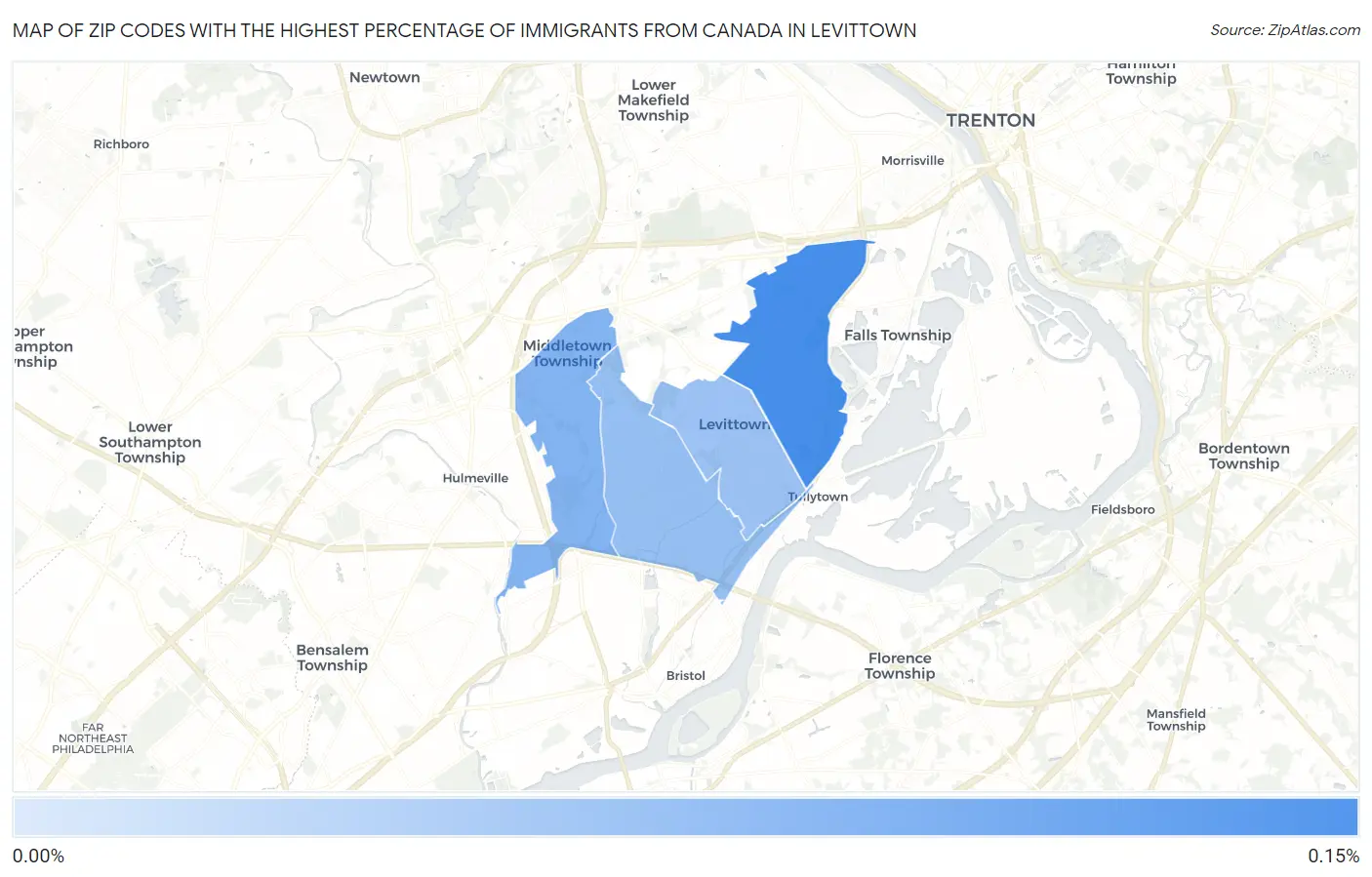 Zip Codes with the Highest Percentage of Immigrants from Canada in Levittown Map