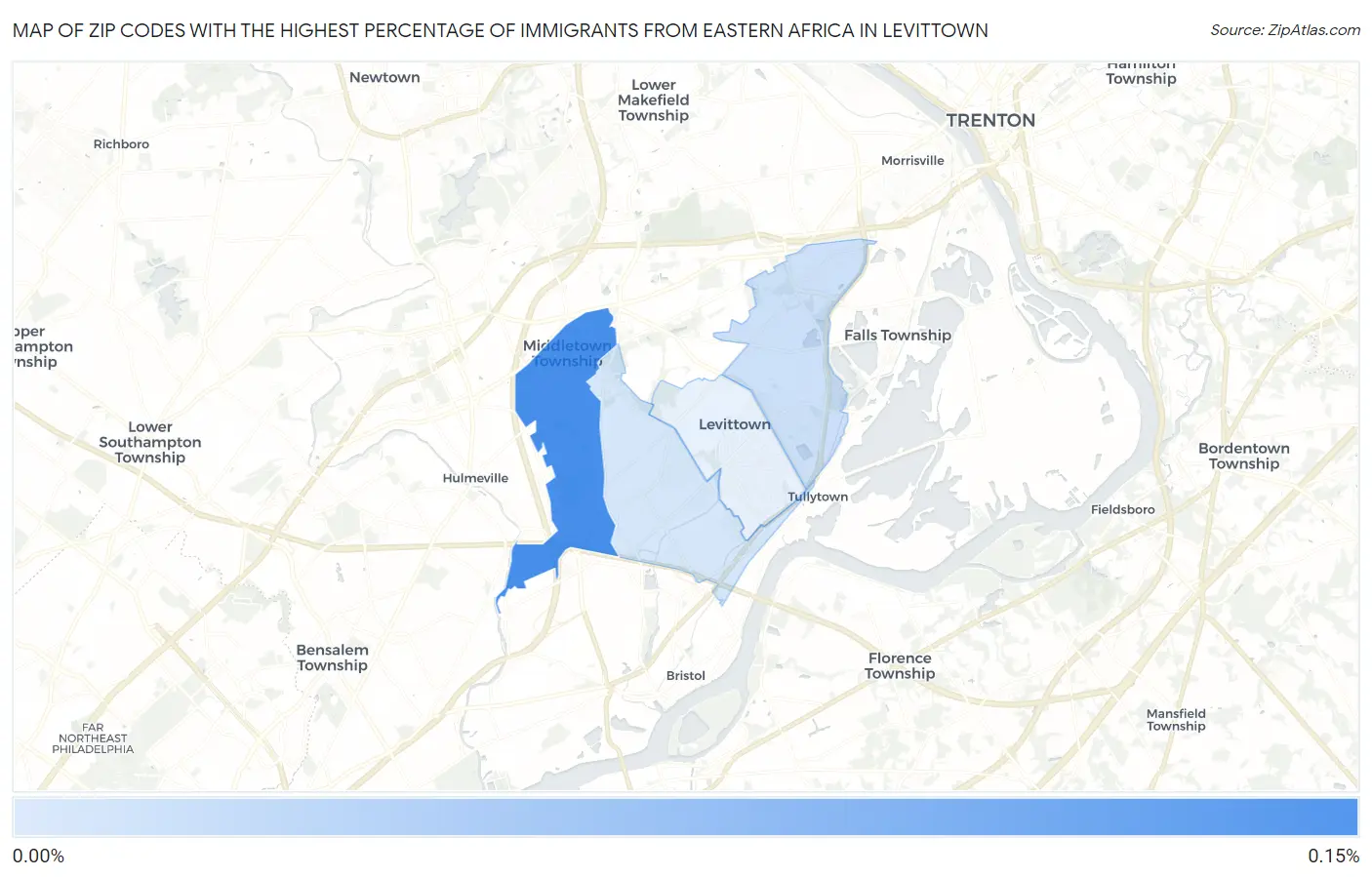 Zip Codes with the Highest Percentage of Immigrants from Eastern Africa in Levittown Map