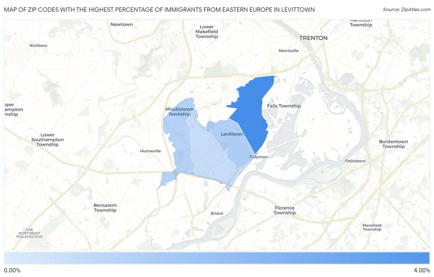 Zip Codes with the Highest Percentage of Immigrants from Eastern Europe in Levittown Map