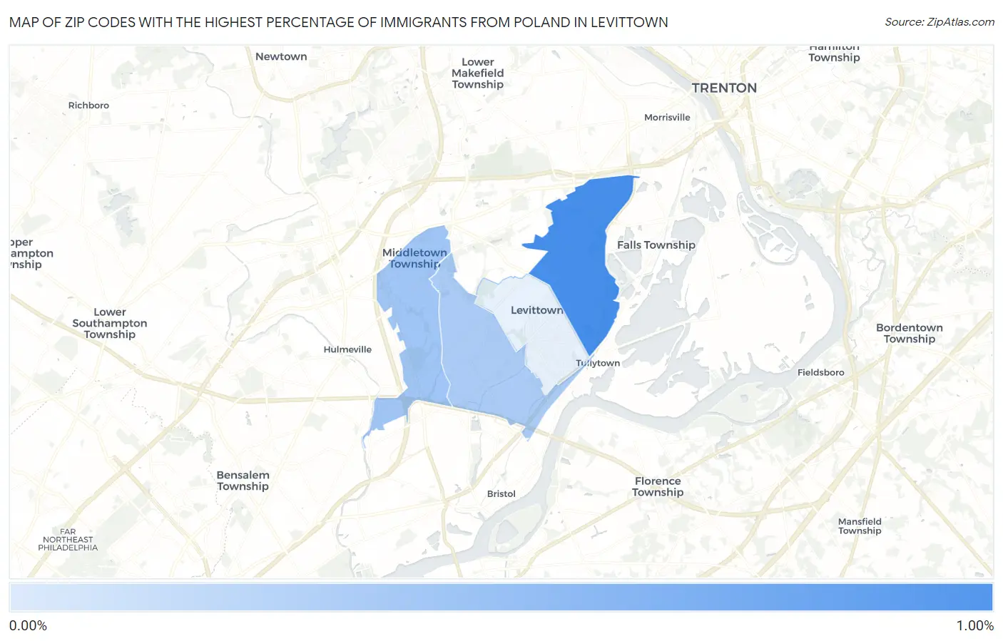 Zip Codes with the Highest Percentage of Immigrants from Poland in Levittown Map