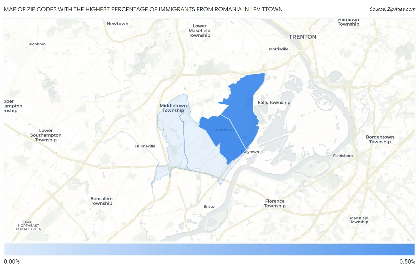 Zip Codes with the Highest Percentage of Immigrants from Romania in Levittown Map