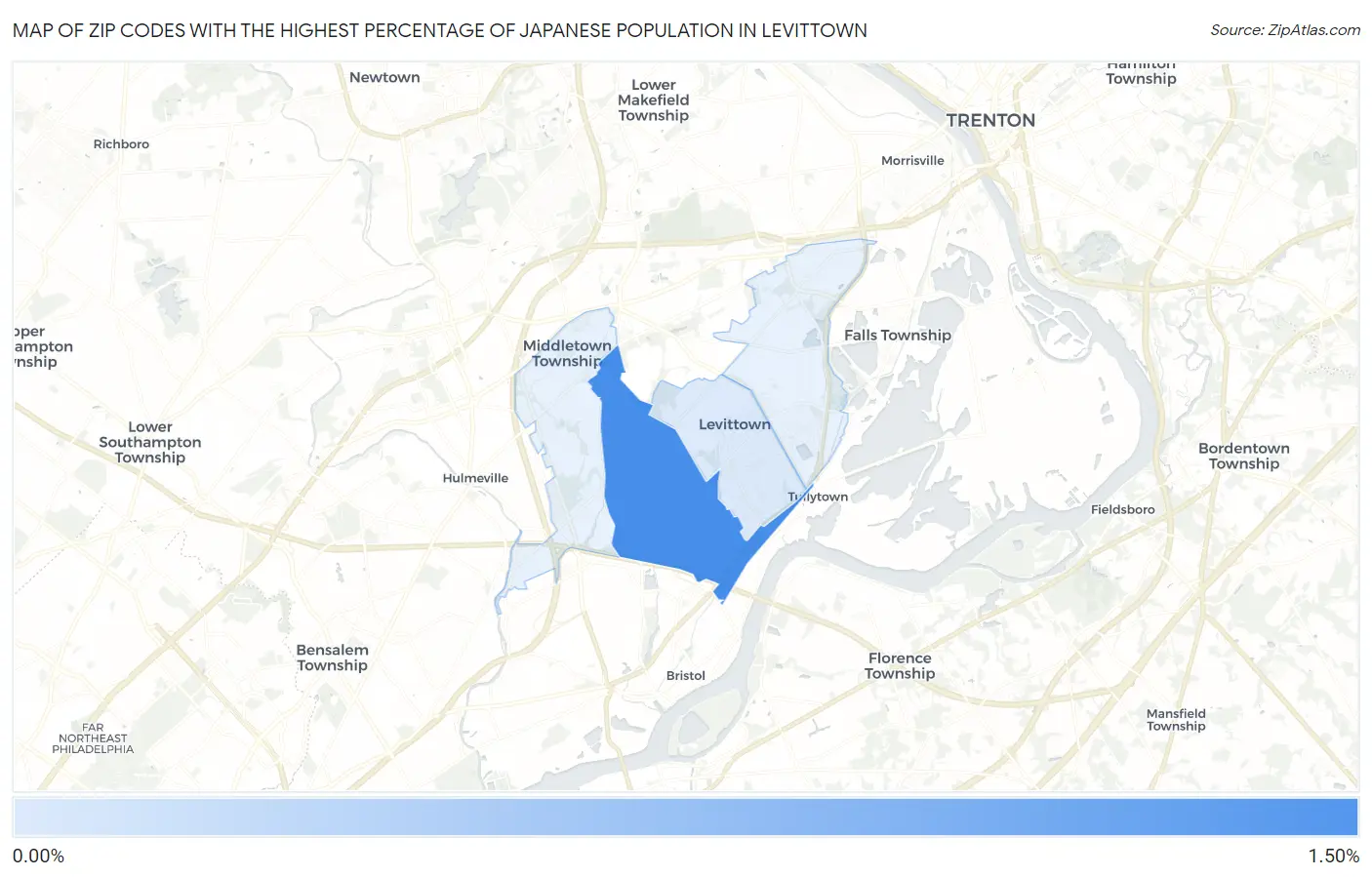Zip Codes with the Highest Percentage of Japanese Population in Levittown Map