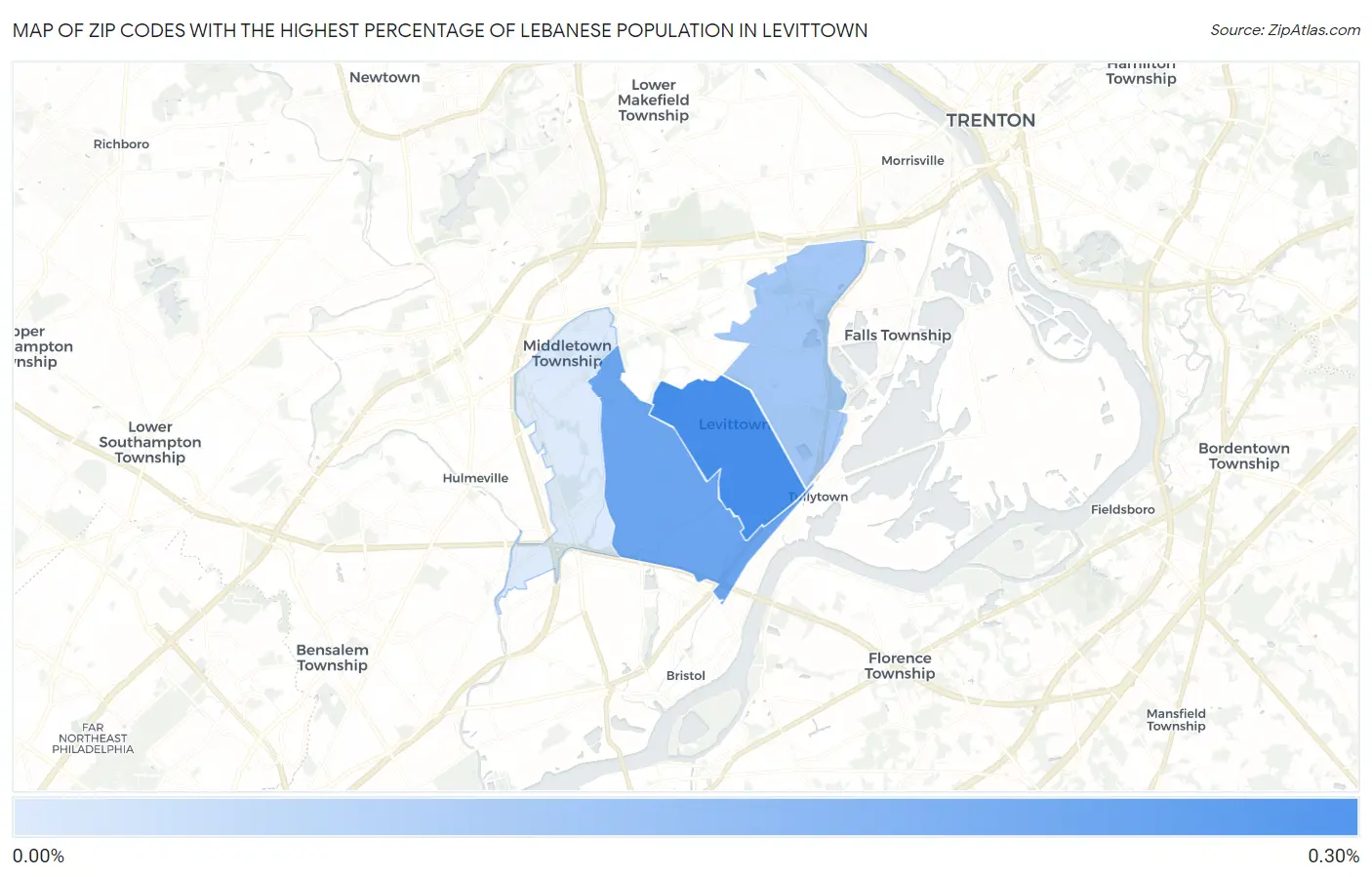 Zip Codes with the Highest Percentage of Lebanese Population in Levittown Map