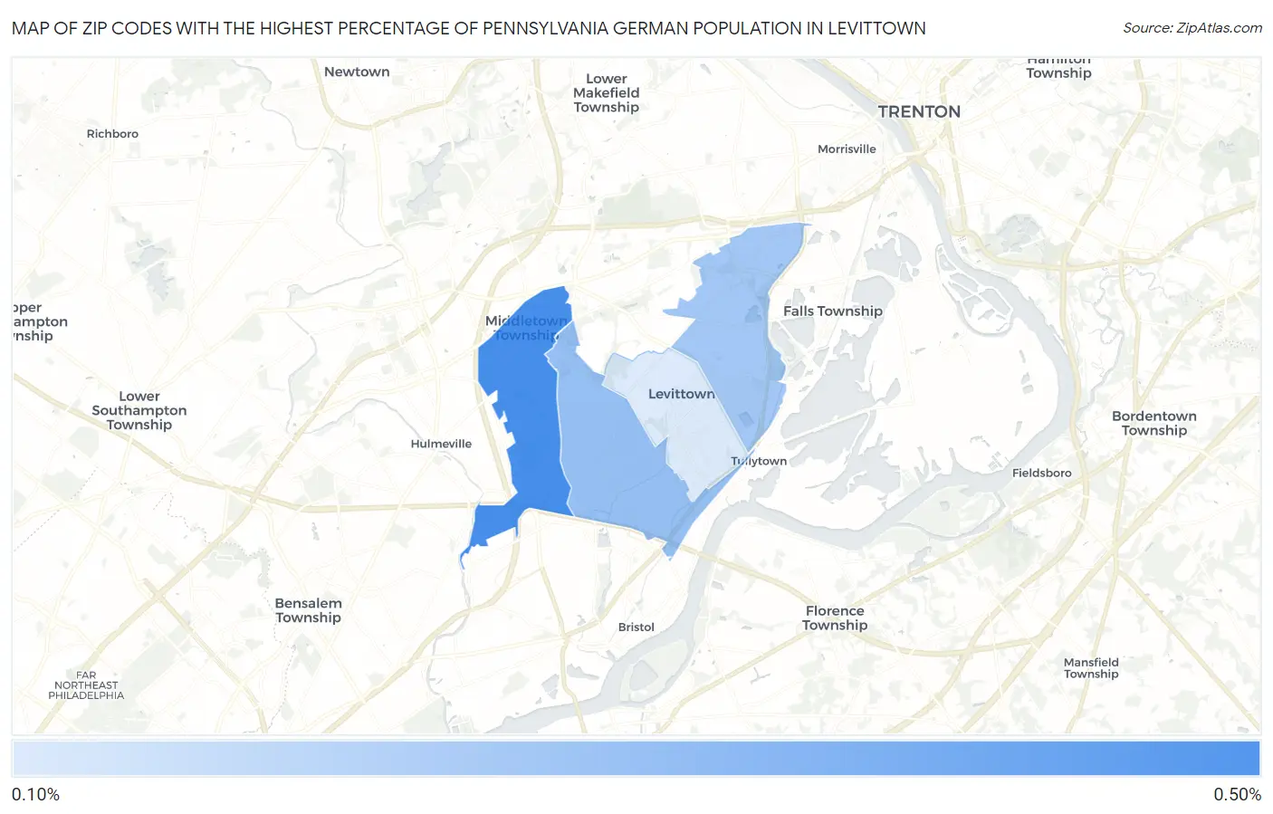 Zip Codes with the Highest Percentage of Pennsylvania German Population in Levittown Map