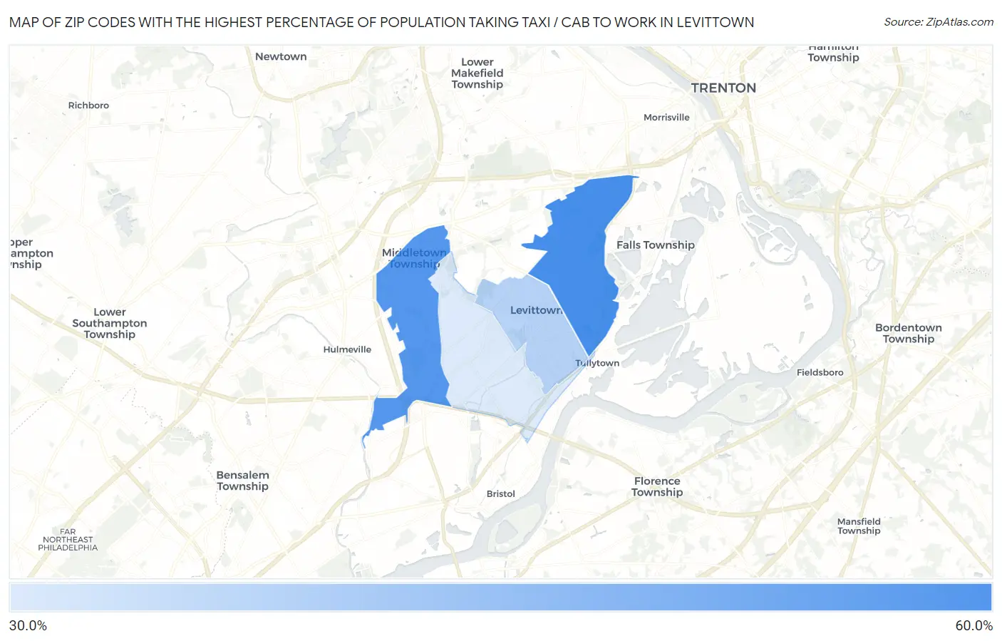 Zip Codes with the Highest Percentage of Population Taking Taxi / Cab to Work in Levittown Map