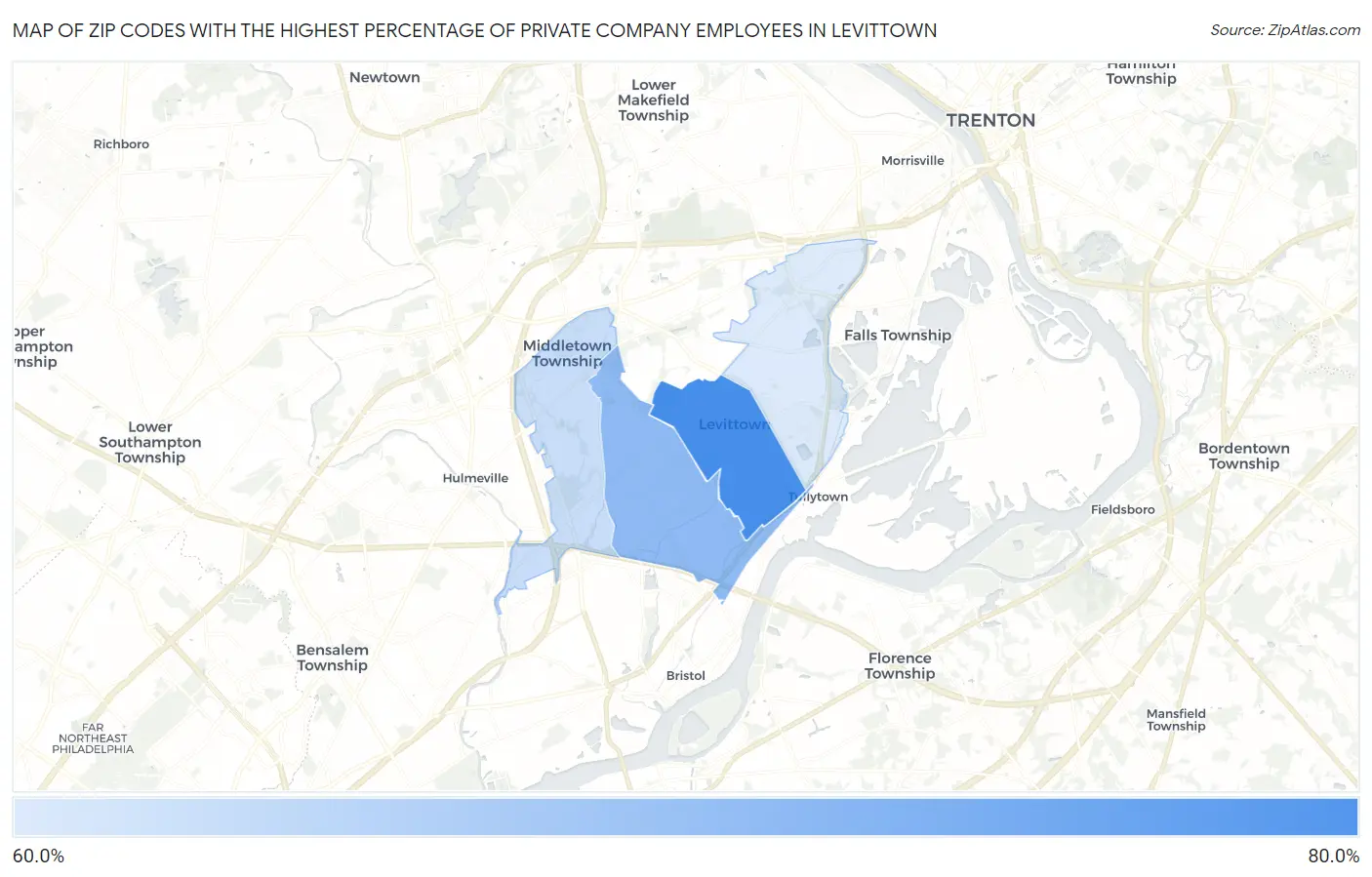 Zip Codes with the Highest Percentage of Private Company Employees in Levittown Map