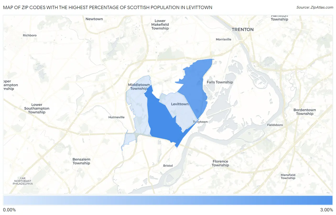 Zip Codes with the Highest Percentage of Scottish Population in Levittown Map