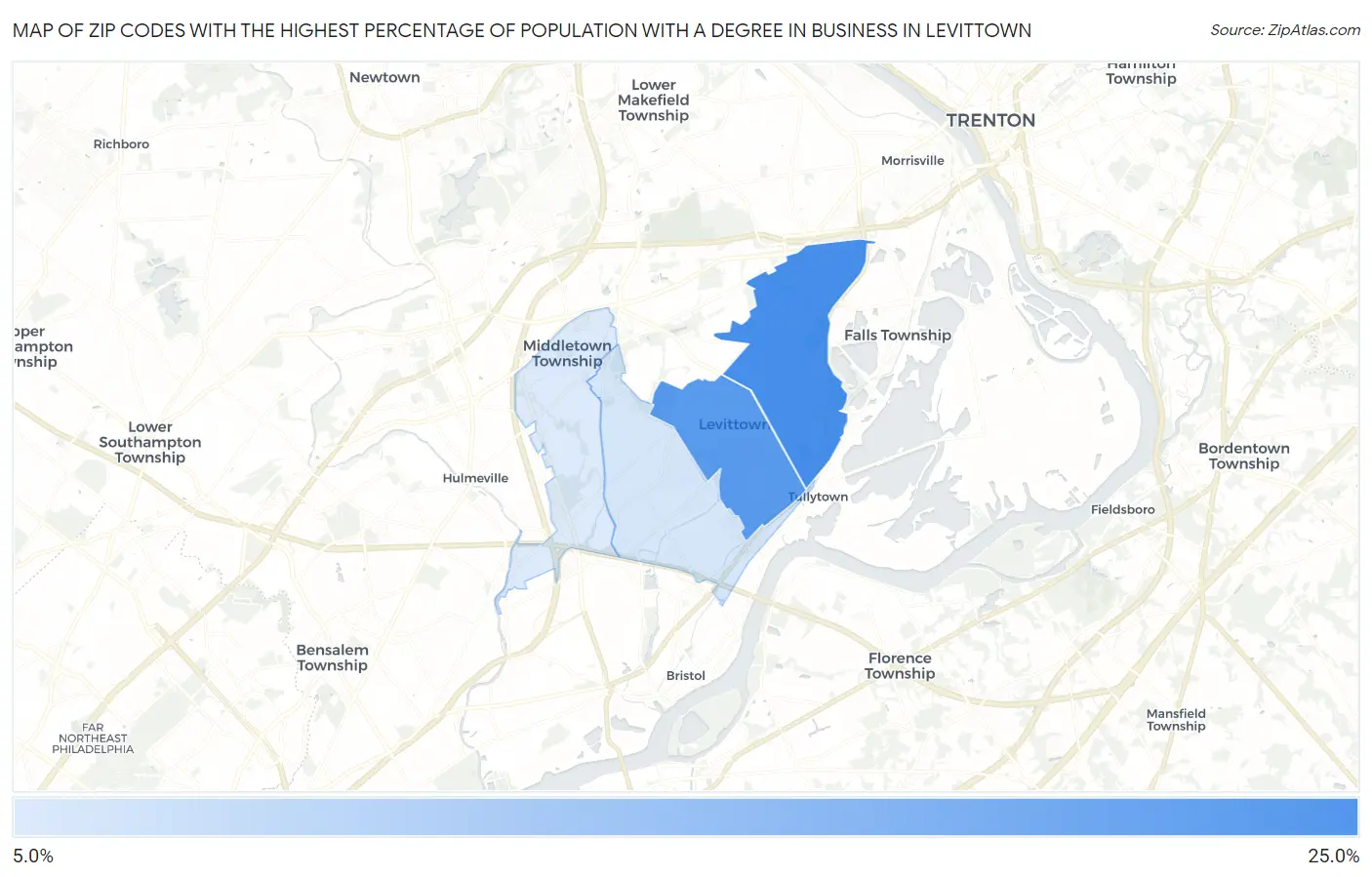 Zip Codes with the Highest Percentage of Population with a Degree in Business in Levittown Map