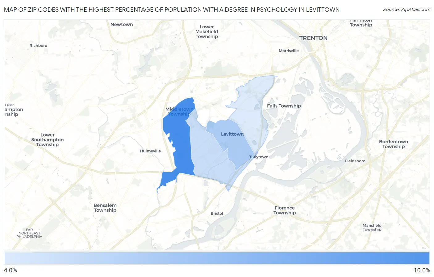 Zip Codes with the Highest Percentage of Population with a Degree in Psychology in Levittown Map
