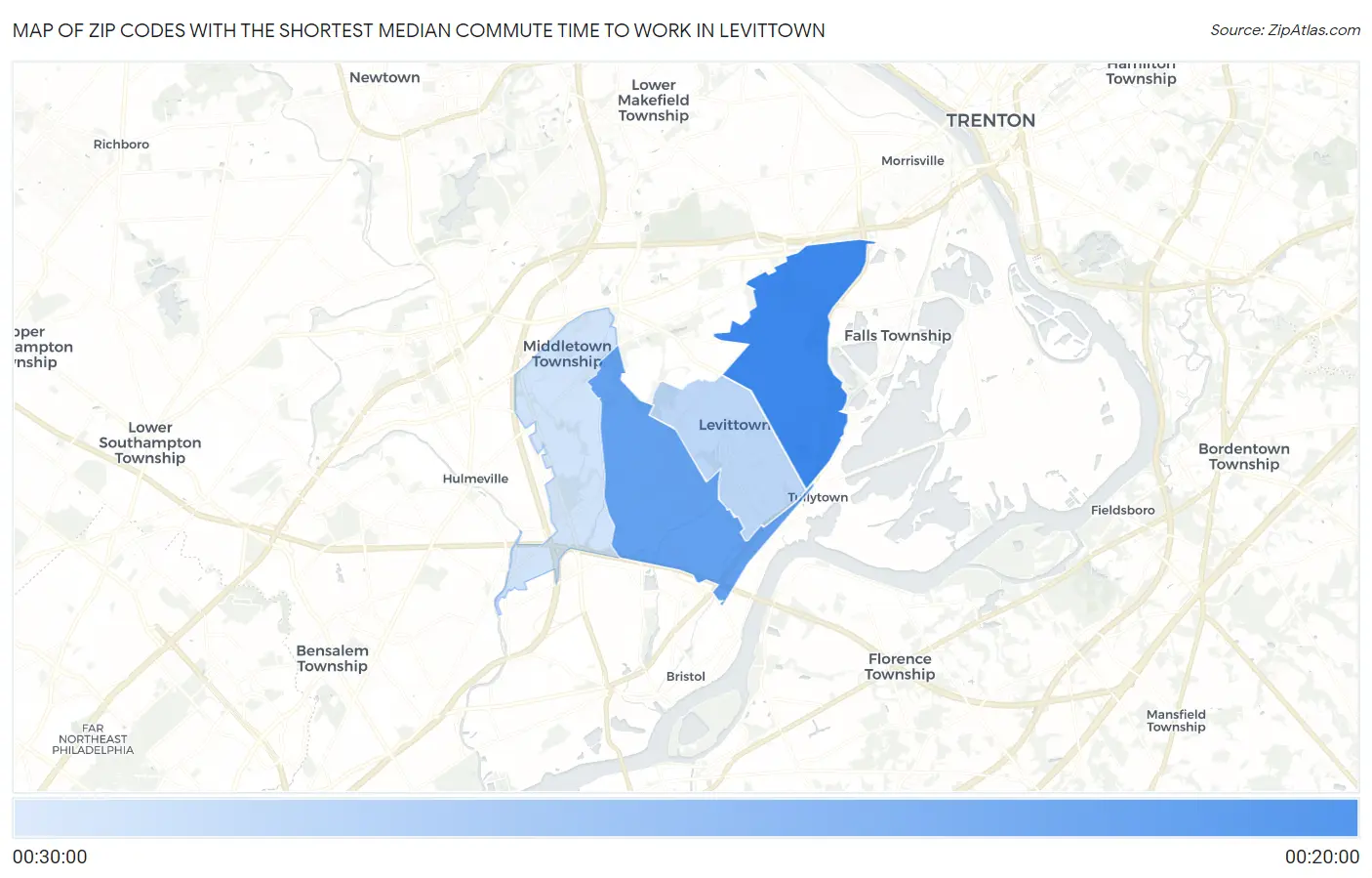 Zip Codes with the Shortest Median Commute Time to Work in Levittown Map