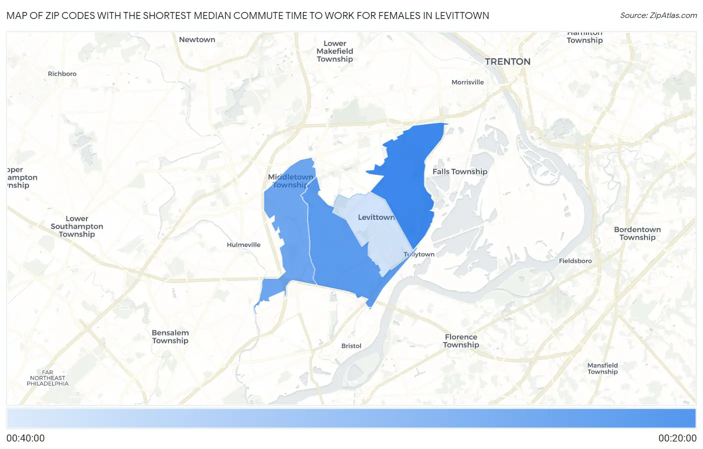 Zip Codes with the Shortest Median Commute Time to Work for Females in Levittown Map