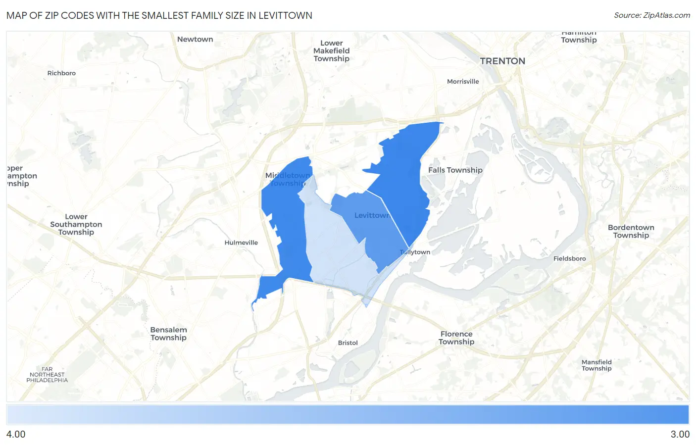Zip Codes with the Smallest Family Size in Levittown Map